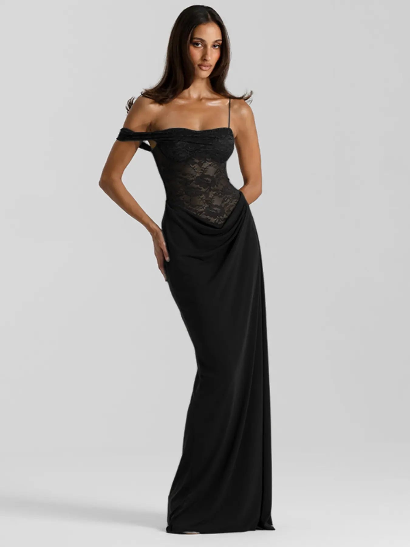 Women'S Sexy Slim-Fit Lace Spaghetti Strap Sleeveless Dress, Summer & Fall Fashion, Lightweight Thin Fabric Patchwork Design, Elegant Slit Hem, Perfect for Casual Wear, Elegant Draped Style, Elegant Summer Dresses