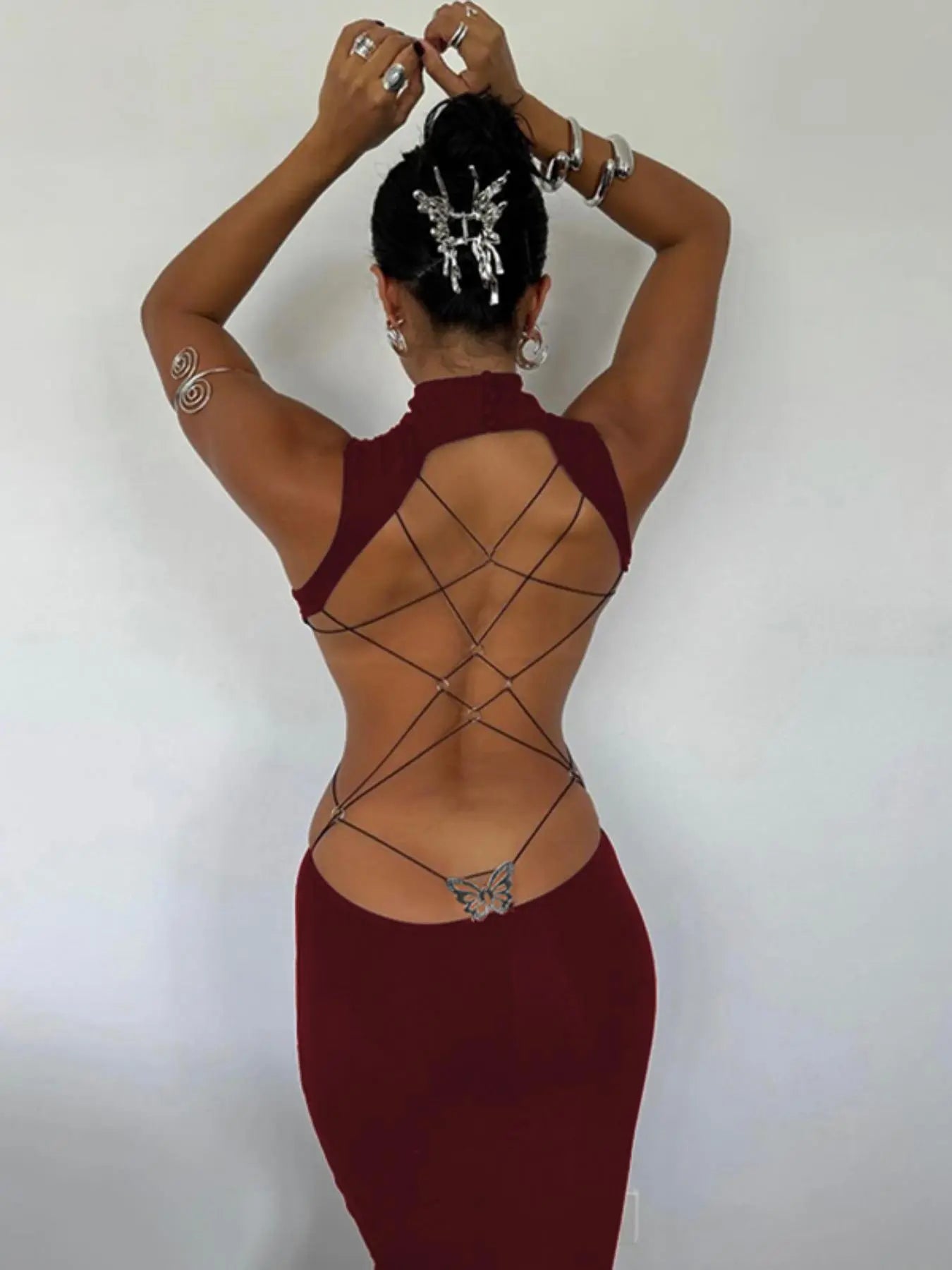 Women'S Backless Butterfly Decor Bodycon Dress, Fashionable High Neck O-Ring Tank Dress for Party Club Dating Wear, Dresses for Women, Fall Dresses, Ladies Back to School Clothes for Fall, Birthday Dresses 2026,Dresses for Women
