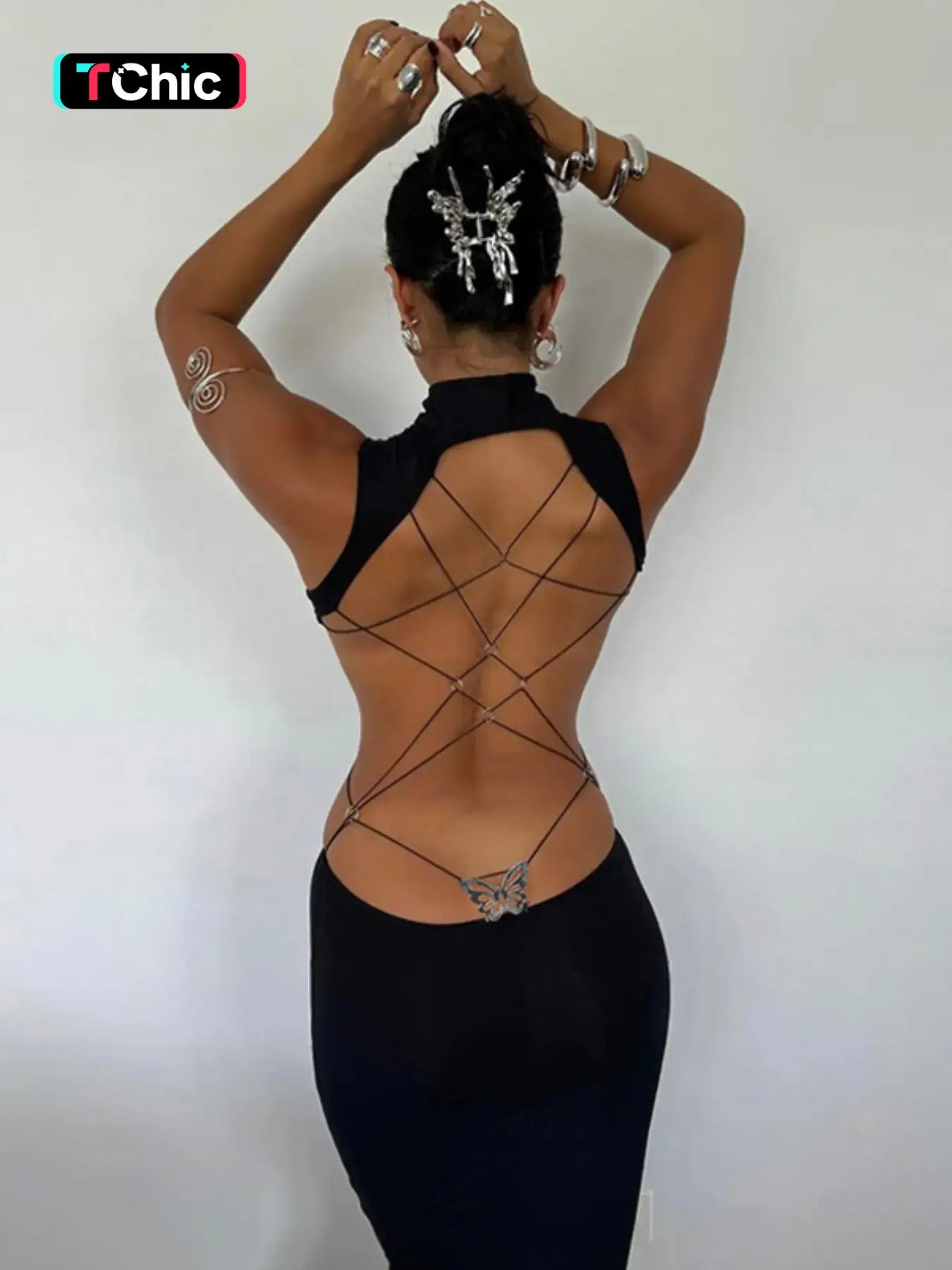 Women'S Backless Butterfly Decor Bodycon Dress, Fashionable High Neck O-Ring Tank Dress for Party Club Dating Wear, Dresses for Women, Fall Dresses, Ladies Back to School Clothes for Fall, Birthday Dresses 2026,Dresses for Women