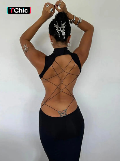 Women'S Backless Butterfly Decor Bodycon Dress, Fashionable High Neck O-Ring Tank Dress for Party Club Dating Wear, Dresses for Women, Fall Dresses, Ladies Back to School Clothes for Fall, Birthday Dresses 2026,Dresses for Women