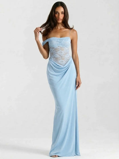 Women'S Sexy Slim-Fit Lace Spaghetti Strap Sleeveless Dress, Summer & Fall Fashion, Lightweight Thin Fabric Patchwork Design, Elegant Slit Hem, Perfect for Casual Wear, Elegant Draped Style, Elegant Summer Dresses