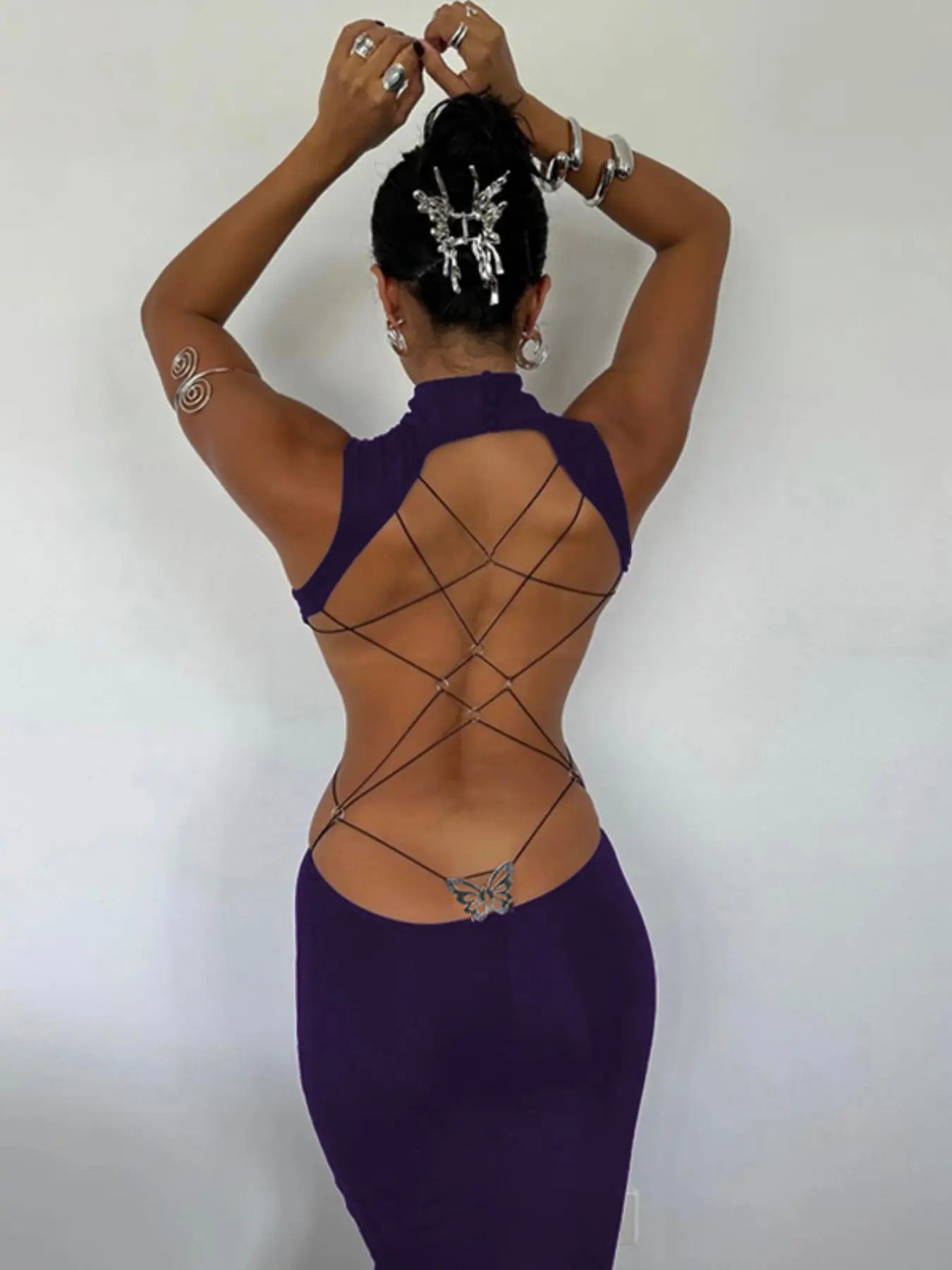 Women'S Backless Butterfly Decor Bodycon Dress, Fashionable High Neck O-Ring Tank Dress for Party Club Dating Wear, Dresses for Women, Fall Dresses, Ladies Back to School Clothes for Fall, Birthday Dresses 2026,Dresses for Women
