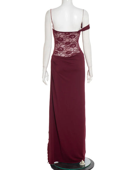 Women'S Sexy Slim-Fit Lace Spaghetti Strap Sleeveless Dress, Summer & Fall Fashion, Lightweight Thin Fabric Patchwork Design, Elegant Slit Hem, Perfect for Casual Wear, Elegant Draped Style, Elegant Summer Dresses