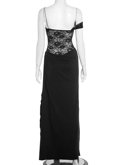 Women'S Sexy Slim-Fit Lace Spaghetti Strap Sleeveless Dress, Summer & Fall Fashion, Lightweight Thin Fabric Patchwork Design, Elegant Slit Hem, Perfect for Casual Wear, Elegant Draped Style, Elegant Summer Dresses