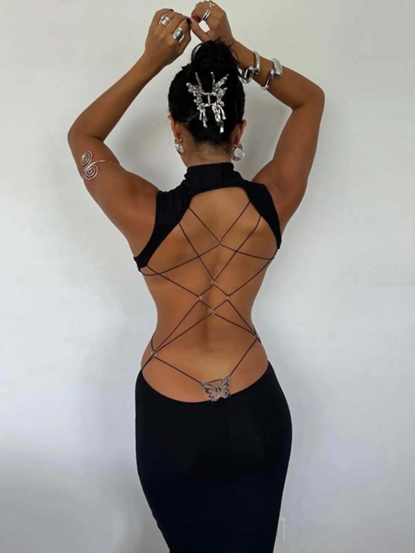 Women'S Backless Butterfly Decor Bodycon Dress, Fashionable High Neck O-Ring Tank Dress for Party Club Dating Wear, Dresses for Women, Fall Dresses, Ladies Back to School Clothes for Fall, Birthday Dresses 2026,Dresses for Women