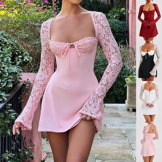 Y2K  Lace Long Sleeve Dress Fashion Sexy Corset Backless Lace Up Short Dresses Womens Clothing