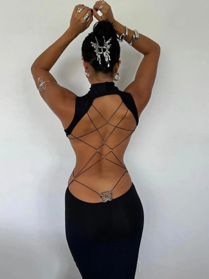 Women'S Backless Butterfly Decor Bodycon Dress, Fashionable High Neck O-Ring Tank Dress for Party Club Dating Wear, Dresses for Women, Fall Dresses, Ladies Back to School Clothes for Fall, Birthday Dresses 2026,Dresses for Women