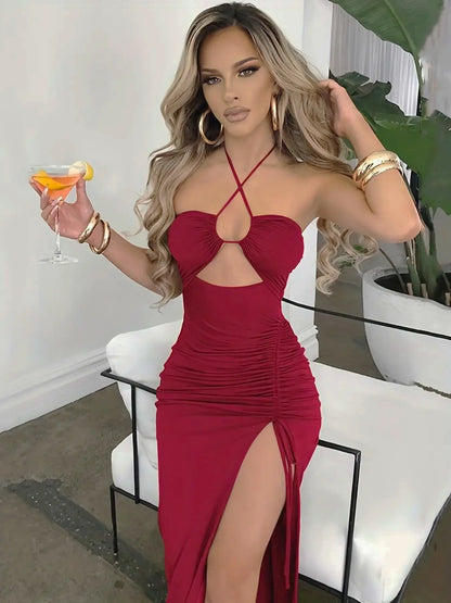 Women'S Plain Criss Cross Drawstring Ruched Split Thigh Bodycon Dress, Summer Dresses, Backless Cut Out Halter Neck Long Dress, Party Nightclub Clothes, Sun Dresses, Dresses for Women, Lady Womenswear