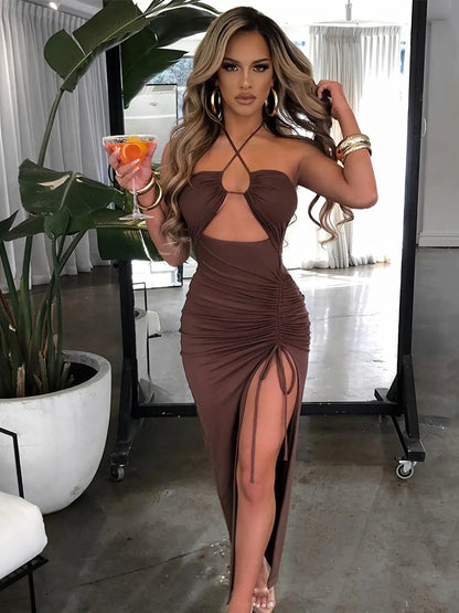 Women'S Plain Criss Cross Drawstring Ruched Split Thigh Bodycon Dress, Summer Dresses, Backless Cut Out Halter Neck Long Dress, Party Nightclub Clothes, Sun Dresses, Dresses for Women, Lady Womenswear