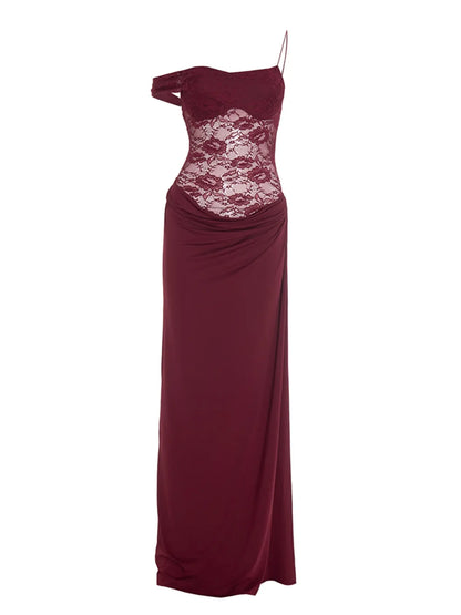 Women'S Sexy Slim-Fit Lace Spaghetti Strap Sleeveless Dress, Summer & Fall Fashion, Lightweight Thin Fabric Patchwork Design, Elegant Slit Hem, Perfect for Casual Wear, Elegant Draped Style, Elegant Summer Dresses