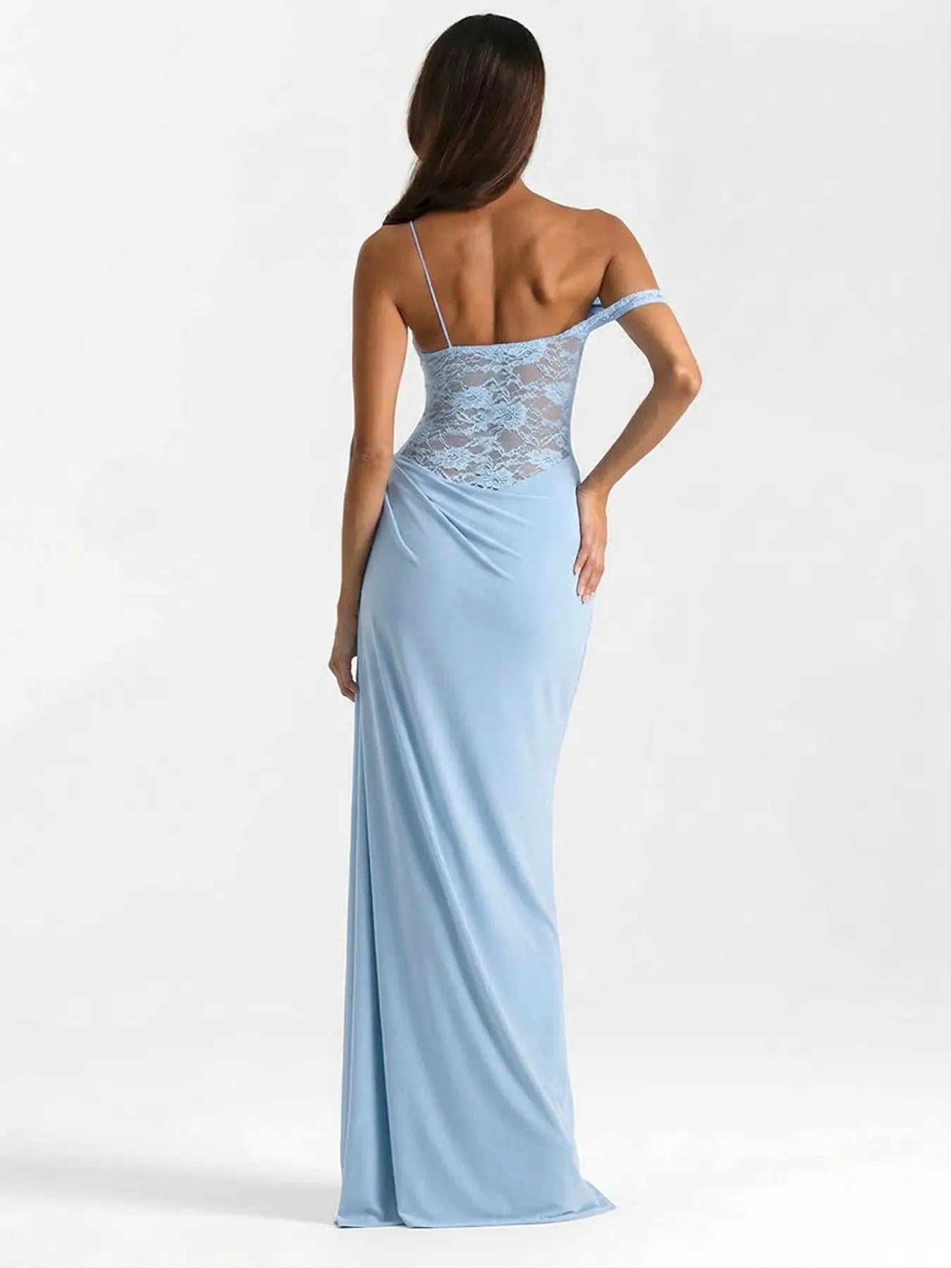 Women'S Sexy Slim-Fit Lace Spaghetti Strap Sleeveless Dress, Summer & Fall Fashion, Lightweight Thin Fabric Patchwork Design, Elegant Slit Hem, Perfect for Casual Wear, Elegant Draped Style, Elegant Summer Dresses